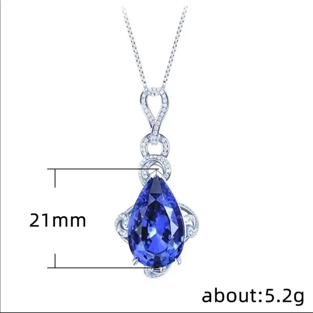 New 925 Silver Big Water Drop Sapphire Necklace - Picture 2 of 2